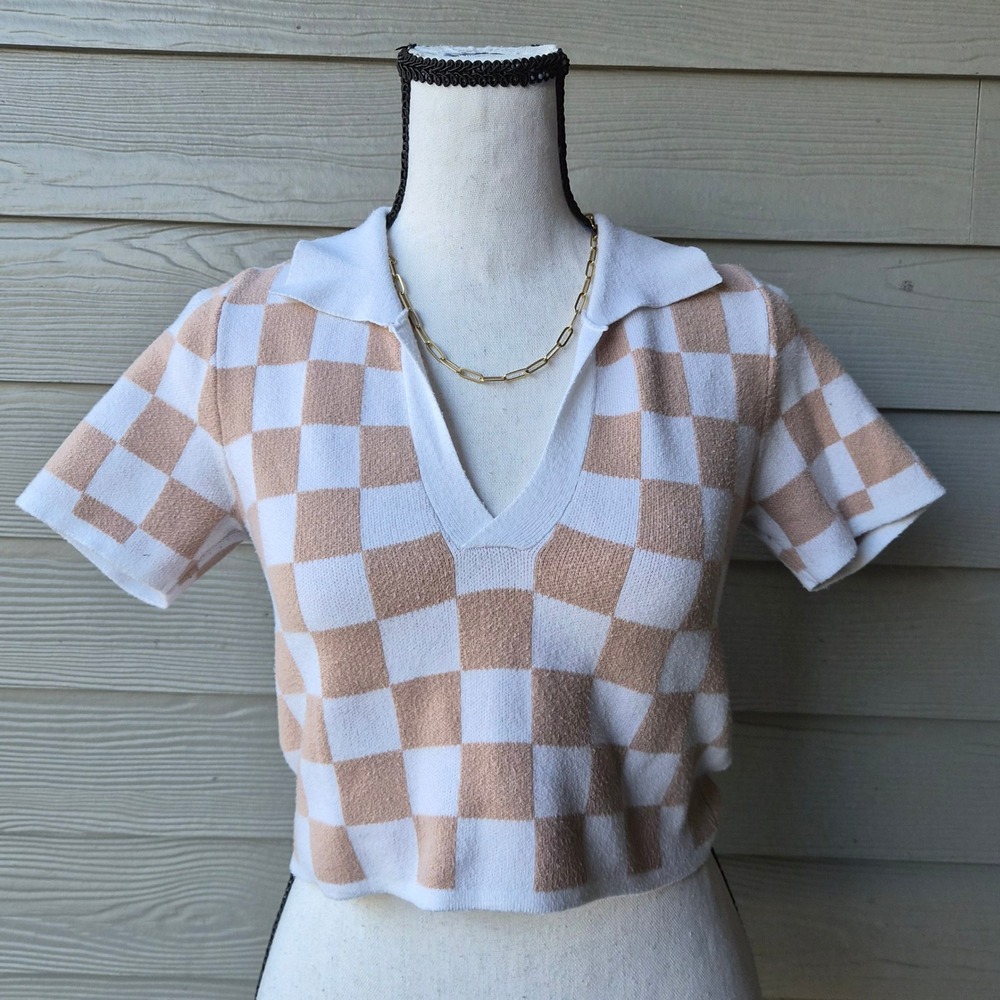 Debut Checkered Crop Top Womens Small Coquette Preppy Retro Old Money Tenniscore